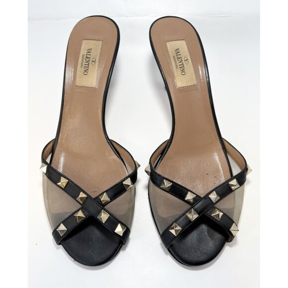 Valentino Garavani Rockstud Mules/Kitten Heels Black w/ Gold Studs Mesh EU 37.5 - Picture 1 of 13